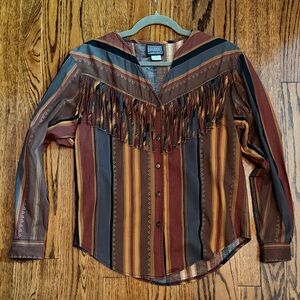 Vintage Western Desert Stripe Fringe Button-Down Shirt - Brown/Multi